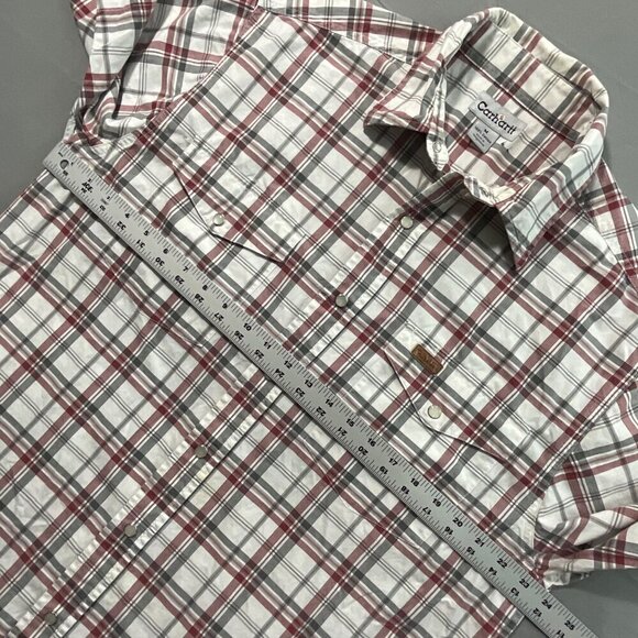 Carhartt Y2K Shirt Mens M Red Gray Plaid Cotton Pearl Snap Short Sleeve Western‎ - Picture 5 of 8